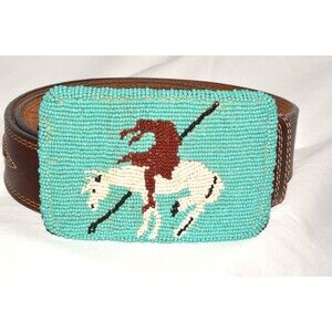 Vintage Beaded Belt Buckle Native Style Horse & Rider w/ Top Grain Leather Sz 40